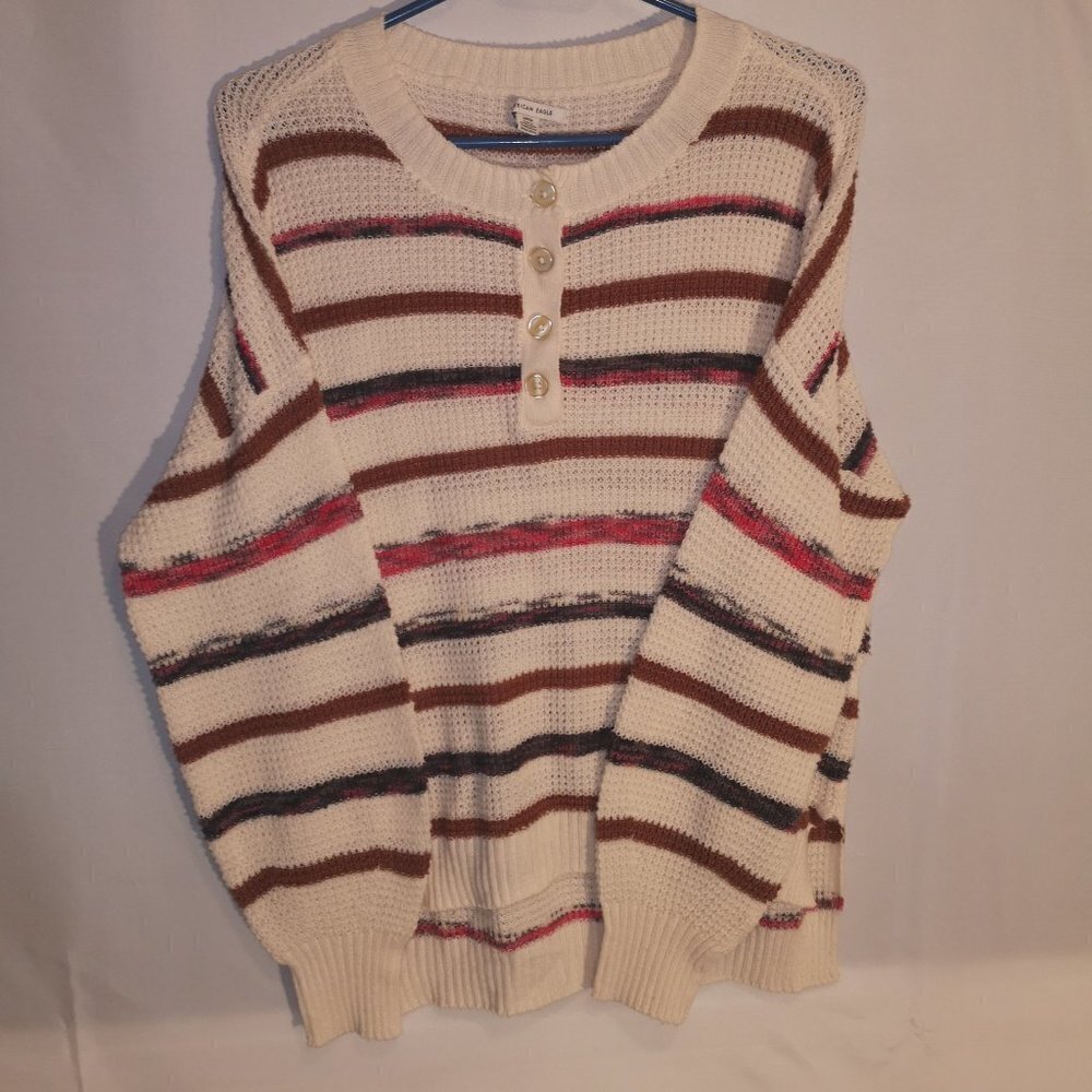 American Eagle Ladies Size Small Beige Brown Black Red Striped Sweater